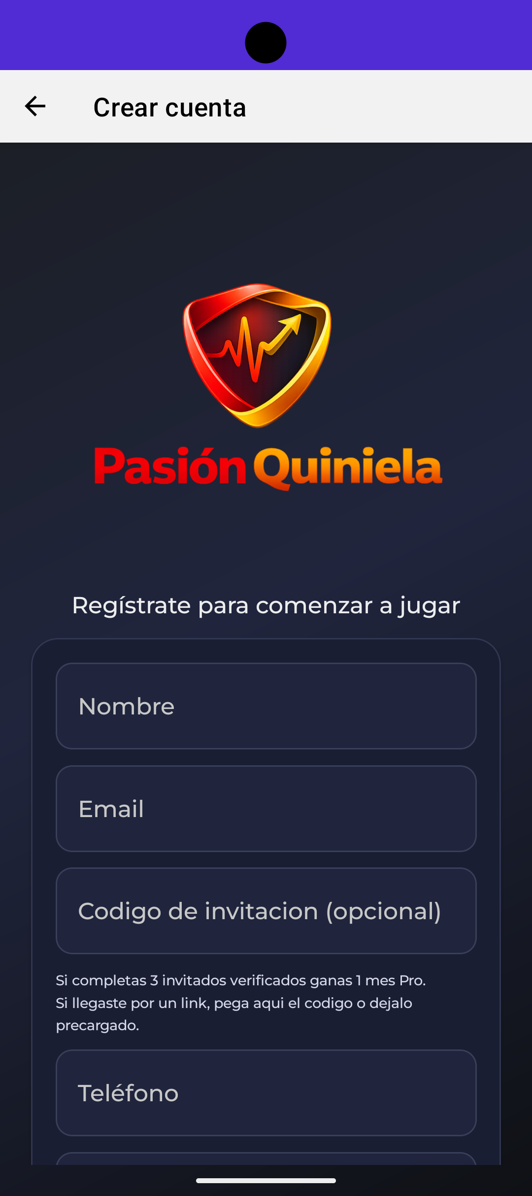 Pantalla de Pasion Quiniela en Android telefono