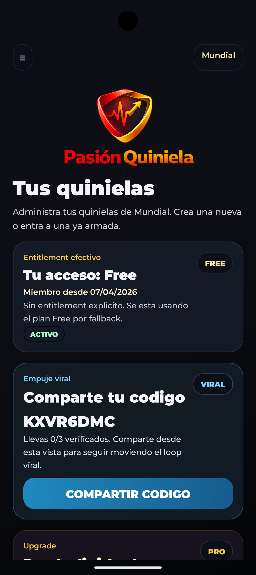 Pantalla de juego de Pasion Quiniela en Android telefono