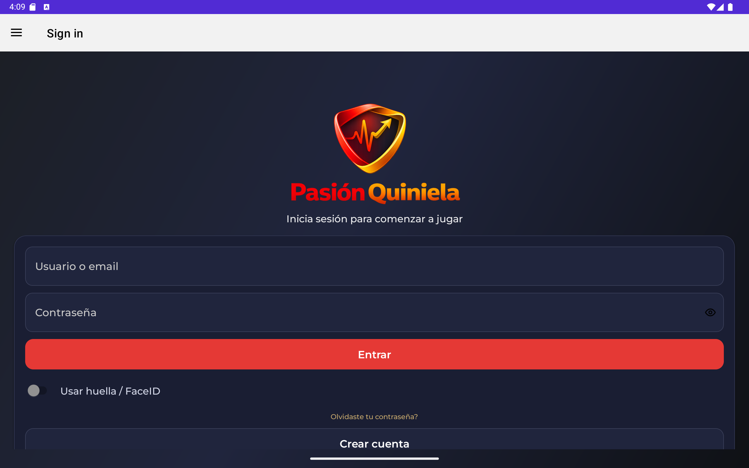Pantalla de inicio de sesion de Pasion Quiniela en Android tablet