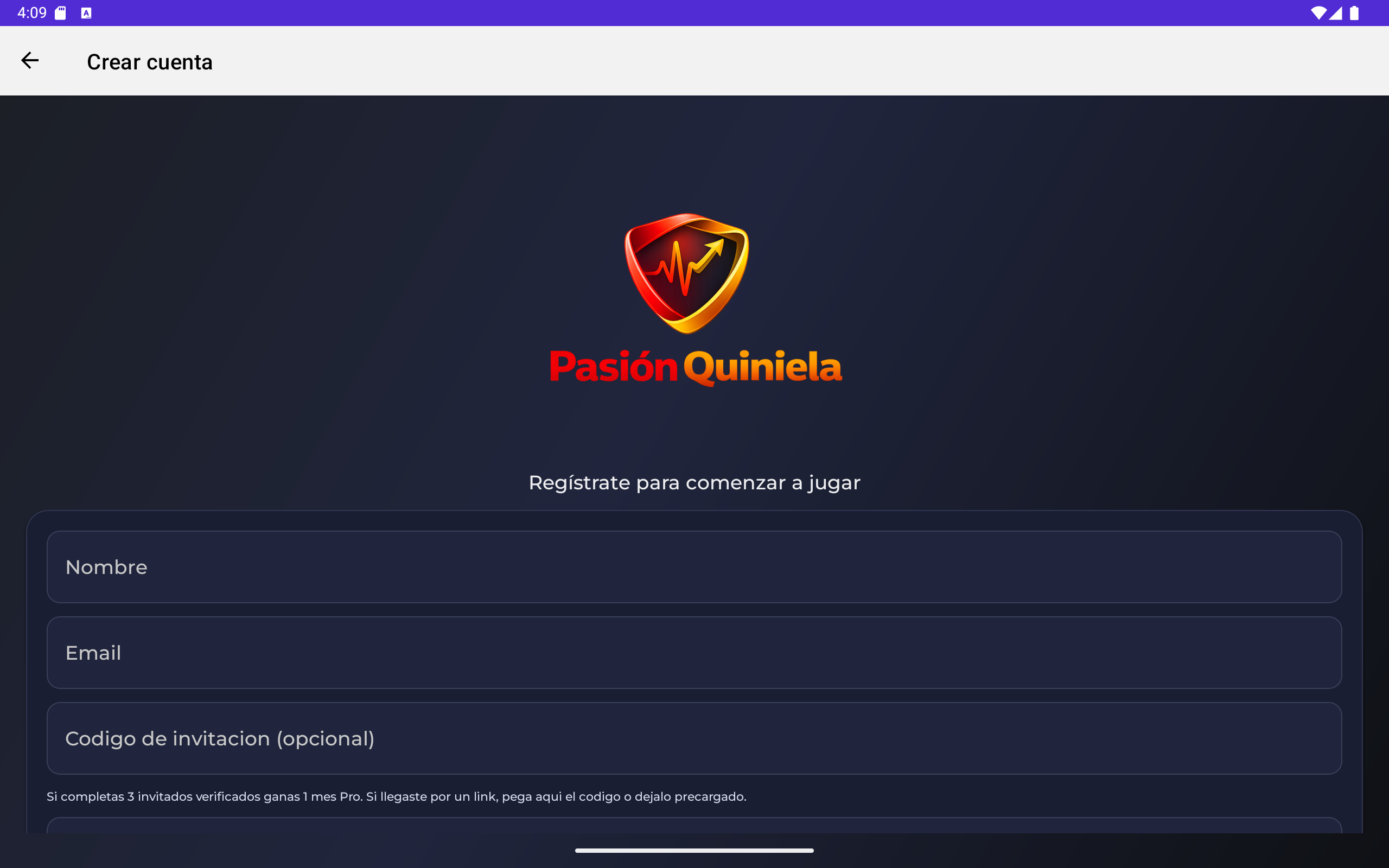 Pantalla de Pasion Quiniela en Android tablet
